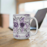 Coffee Mug 15oz-Soft Purple Floral-Soft Purple Horizontal Stripes-White