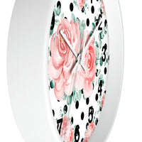 Wall Clock-Lush Pink Floral-Black Polka Dots-White