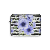 Laptop Sleeve-Soft Blue Floral-Black Horizontal Stripes-White