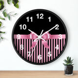 Wall Clock-Glam Pink Bow-Pink Black Pinstripes-Black