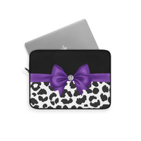 Laptop Sleeve-Glam Purple Bow-Snow Leopard-Black