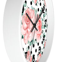 Wall Clock-Lush Pink Floral-Black Polka Dots-White