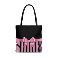 Tote Bag-Glam Pink Bow-Pink Black Pinstripes-Black