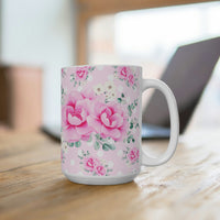 Coffee Mug 15oz-Magenta Pink Floral-White Polka Dots-Pink