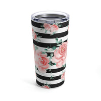 Tumbler 20oz-Lush Pink Floral-Black Horizontal Stripes-White