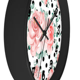 Wall Clock-Lush Pink Floral-Black Polka Dots-White