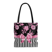 Tote Bag-Glam Pink Bow-Pink Stencil-Black White Pinstripes