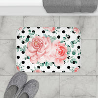 Bath Mat-Lush Pink Floral-Black Polka Dots-White