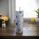 Skinny Tumbler, 20oz-Soft Blue Floral-Soft Blue Horizontal Stripes-White