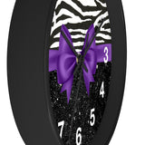 Wall Clock-Glam Purple Bow-Zebra-Black Glitter