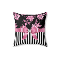 Square Pillow-Glam Pink Bow-Pink Stencil-Black White Pinstripes