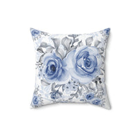 Square Pillow-Stormy Blue-Floral Stencil-White