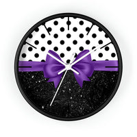 Wall Clock-Glam Purple Bow-Black Polka Dots-Black Glitter