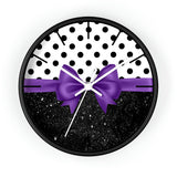 Wall Clock-Glam Purple Bow-Black Polka Dots-Black Glitter