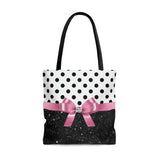 Tote Bag-Glam Pink Bow-Black Polka Dots-Black Glitter