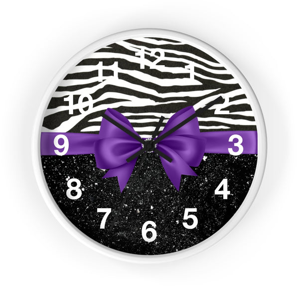 Wall Clock-Glam Purple Bow-Zebra-Black Glitter