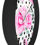 Wall Clock-Magenta Pink Floral-Black Polka Dots-White