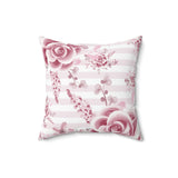 Square Pillow-Soft Pink Floral Mauve-Horizontal Stripes-White