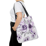 Tote Bag-Soft Purple Floral-Purple Pinstripes-White