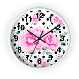 Wall Clock-Magenta Pink Floral-Black Polka Dots-White