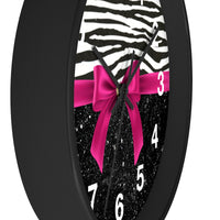 Wall Clock-Glam Passion Pink Bow-Zebra-Black Glitter