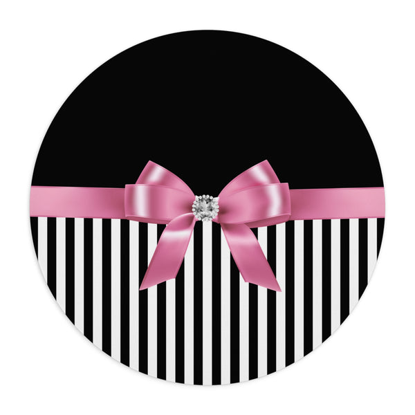 Mouse Pad-Glam Pink Bow-Black White Pinstripes-Black