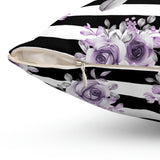 Square Pillow-Soft Purple Floral-Black Horizontal Stripes-White