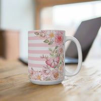 Coffee Mug 15oz-Pink Floral Butterflies-Pink Horizontal Stripes