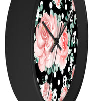 Wall Clock-Lush Pink Floral-White Polka Dots-Black