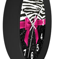 Wall Clock-Glam Passion Pink Bow-Zebra-Black Glitter