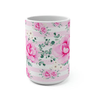Mug 15oz-Magenta Pink Floral-Pink Horizontal Stripes-White
