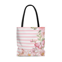 Tote Bag-Pink Floral Butterflies-Pink Horizontal Stripes