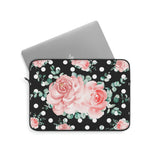 Laptop Sleeve-Lush Pink Floral-White Polka Dots-Black