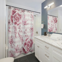 Shower Curtains-Soft Pink Floral Mauve-Horizontal Stripes-White