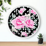 Wall Clock-Magenta Pink Floral-White Polka Dots-Black