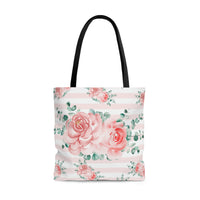 Tote Bag-Lush Pink Floral-Pink Horizontal Stripes-White