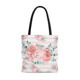 Tote Bag-Lush Pink Floral-Pink Horizontal Stripes-White