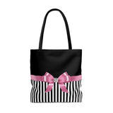 Tote Bag-Glam Pink Bow-Black White Pinstripes-Black