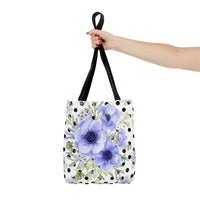 Tote Bag-Soft Blue Floral-Black Polka Dots-White