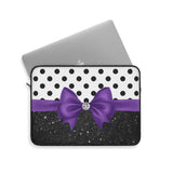 Laptop Sleeve-Glam Purple Bow-Black Polka Dots-Black Glitter