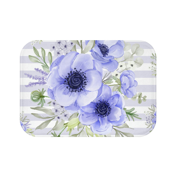Bath Mat-Soft Blue Floral-Soft Blue Horizontal Stripes-White