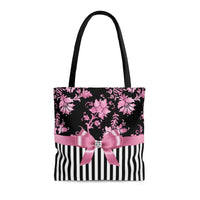 Tote Bag-Glam Pink Bow-Pink Stencil-Black White Pinstripes