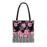 Tote Bag-Glam Pink Bow-Pink Stencil-Black White Pinstripes