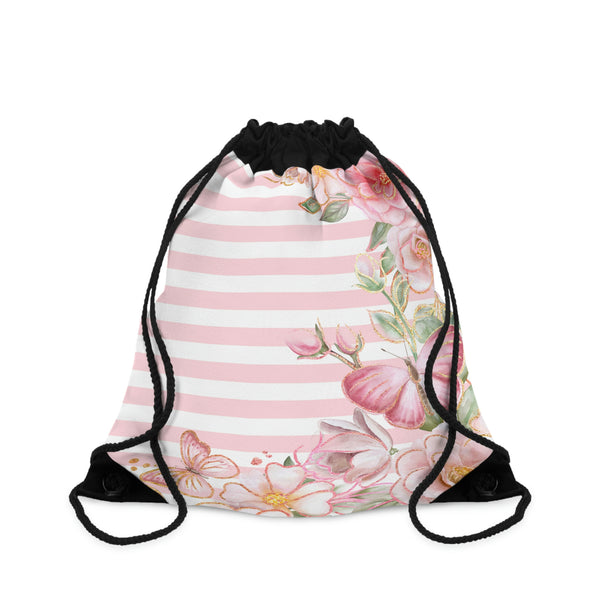 Drawstring Bag-Pink Floral Butterflies-Pink Horizontal Stripes