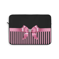 Laptop Sleeve-Glam Pink Bow-Pink Black Pinstripes-Black