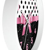 Wall Clock-Glam Pink Bow-Black Polka Dots-Black Glitter