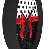 Wall Clock-Glam Red Bow-Black Polka Dots-Black Glitter