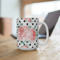 Coffee Mug 15oz-Lush Pink Floral-Black Polka Dots-White