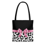 Tote Bag-Glam Pink Bow-Snow Leopard-Black