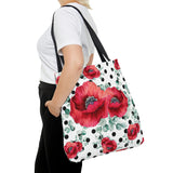 Tote Bag-Rouge Red Floral-Black Polka Dots-White